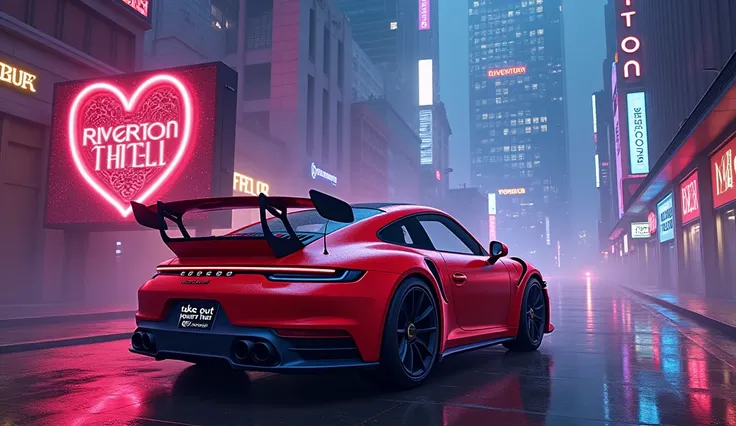  no people　Riverton Five M Logo, Round, Background city,  paintings full of mystery and magic , neon, 4K　 poster style　『Take Out Your Heart 』 is written on the blindfold 　Red Porsche 　 is cool