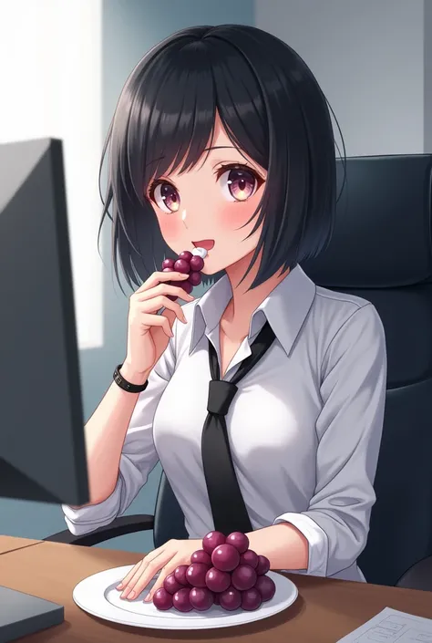 white anime girl has black hair, stylish bobcut with no bangs, is eating grapes. she works in an office and has normal clothes on. milk is dripping from her fingers on the plate below her face. she sits at a desk in front of a computer and is looking direc...