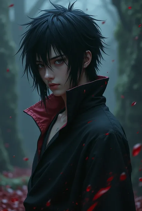 Create a fanfic cover featuring Sasuke Uchiha ,  a man with black hair running down to his shoulders, with a sensual air , MACABRE , asaasino, Scary very realistic 