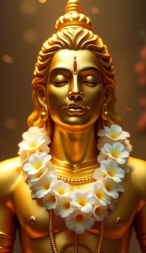 "Create an image of a golden idol of Lord Shiva, radiating a divine and serene glow. The idol should be adorned with a garland made of fresh Oomathai poo (Datura flowers), which are pure white with soft petals. The garland should drape naturally around Shi...