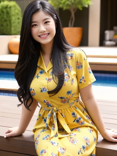 A young Asian woman with long black hair, wearing a yellow floral print dress, sitting outdoors on a patio or deckplus size, thin waist and thick waist wearing a pink shirt, smiling at the camera