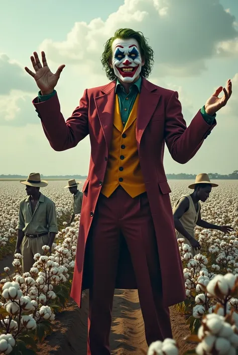  The joker stands on a cotton field waving ominously smiling. Blacks work in a cotton field, they pick cotton .