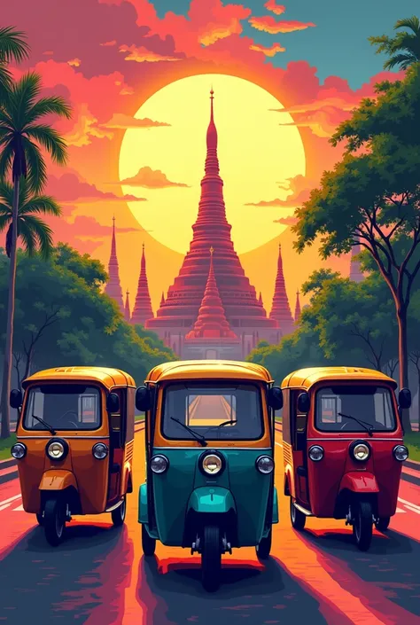 Create a beautiful Thai style image that captures the essence of Thailand through bright colors. This scene features three traditional tuk-tuks, each with sharp geometric lines, angled at a 45-degree angle, suggesting power and movement. To the left and ri...