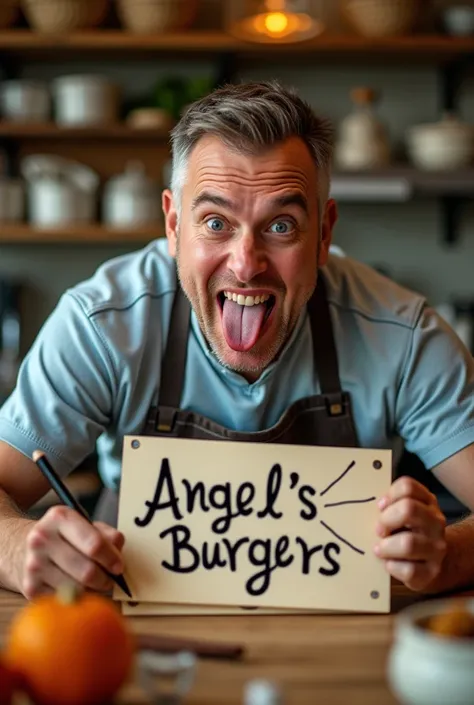  Photo of a man with SHORT HAIR AND LAUGHING WITH HIS TONGUE OUT WRITING "ANGELS BURGERS "  with a kitchen background 