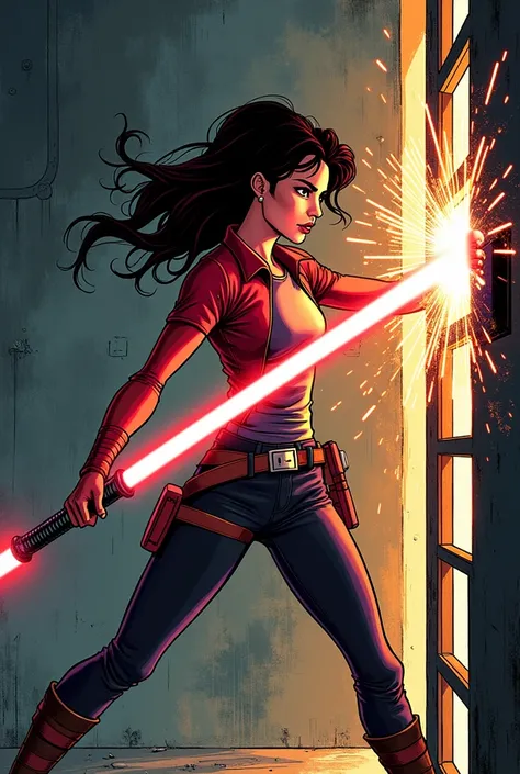 Lilly slashes her saber through the cell door, sparks flying. comic style