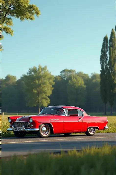 The image shows a red vintage car parked on the side of a road. The car appears to be a two-door coupe with a sleek and streamlined design. It has a long hood and a sloping roofline, and the car has chrome accents on the bumpers and wheels. The background ...