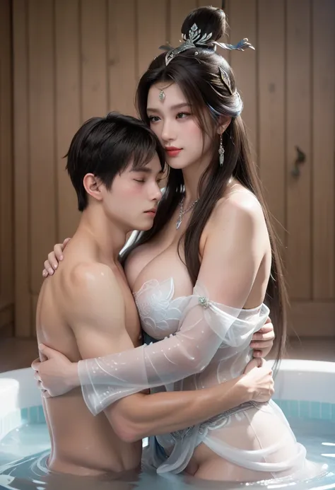 source realistic, couple, young boy, bathing, Busty wuxia woman, hug, big dick,embrassed, plump,huge breast,goddess, masterpiece, anatomically correct, super detail, high details, high quality, best quality, highres, 8k