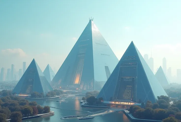 futuristic and technological city ,  but there are only skyscrapers shaped like glass and steel pyramids.