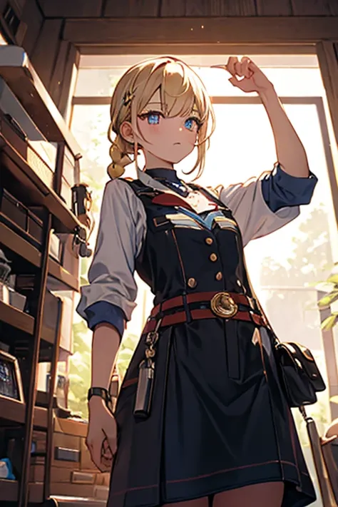 (from below:1.2,Best Quality),a girl , platinum color hair、masterpiece, highest quality, Very detailed, 16k, Ultra-high resolution, Cowboy Shot, One  girl, Detailed face, Perfect Fingers, Golden Eyes, Blonde, Braid, A vest with many pockets, Shorts, Explor...