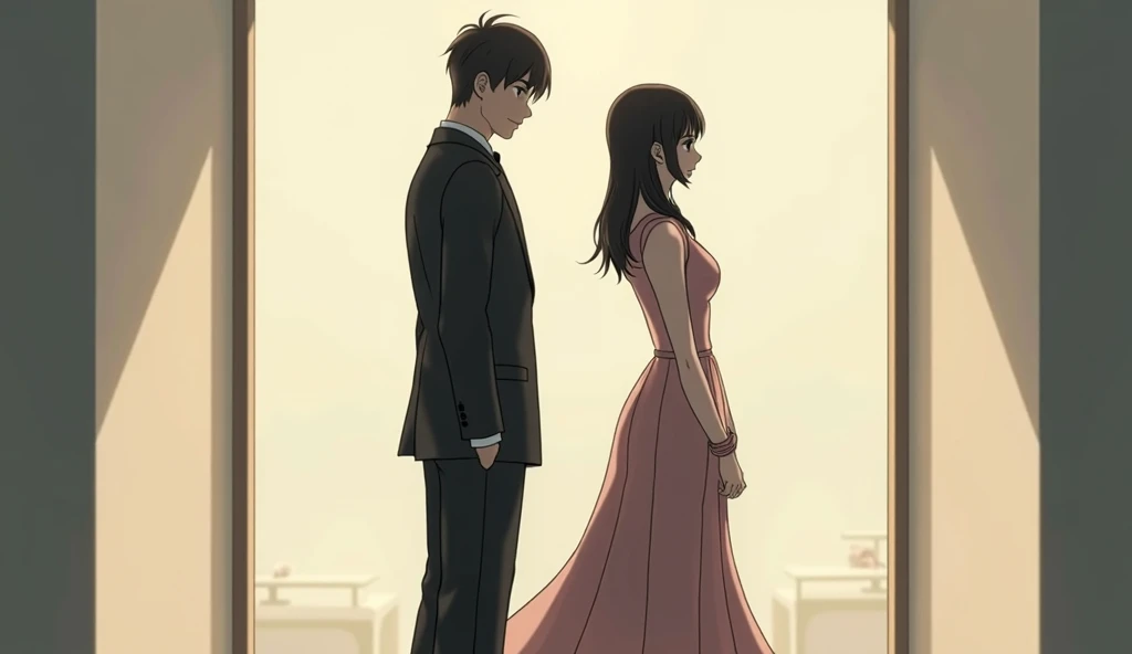 a politely dressed couple turning their backs on each other in anime style