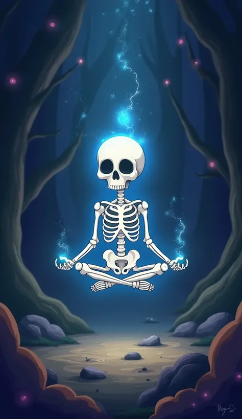 Meditation stance cartoon litle cute Skeleton with no gravitation, glow sparkle light around it, dark and magical vibes background 