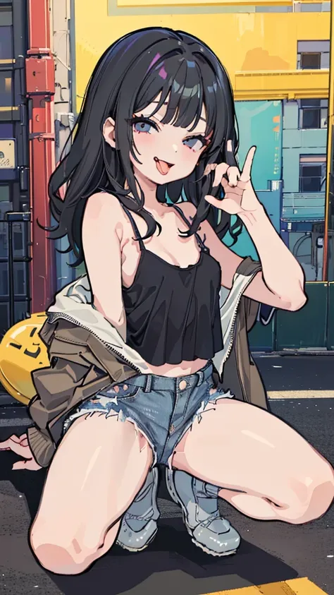 ((masterpiece、Best Quality、 very detailed))、 one girl playing pranks、Black Hair、medium hair、(( wavy hair in front of the station))、blunt bangs、Grey Eyes、evil smile、((open mouth))、((tongue licking))、 small breasts、((camisole))、denim short shorts))、thighhigh...