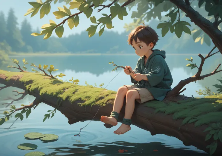  sitting on a branch，Kids fishing，The background is the lake