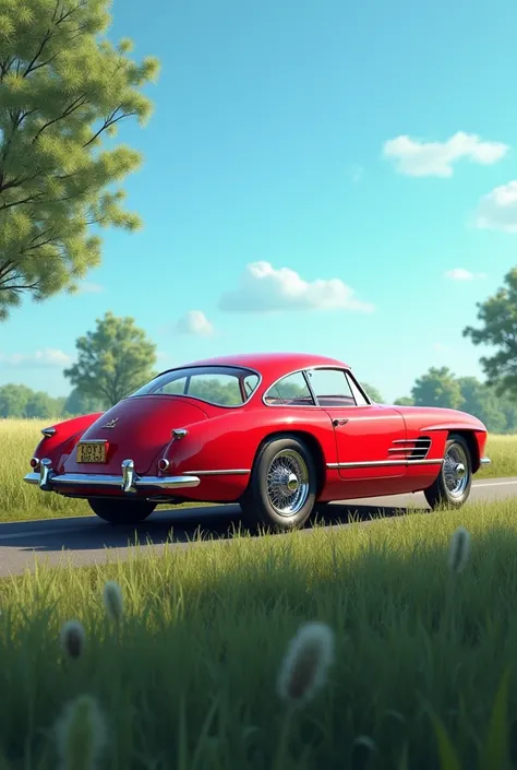 The image shows a red vintage car parked on the side of a road. The car appears to be a two-door coupe with a sleek and streamlined design. Back view of car. It has a long hood and a sloping roofline, and the car has chrome accents on the bumpers and wheel...