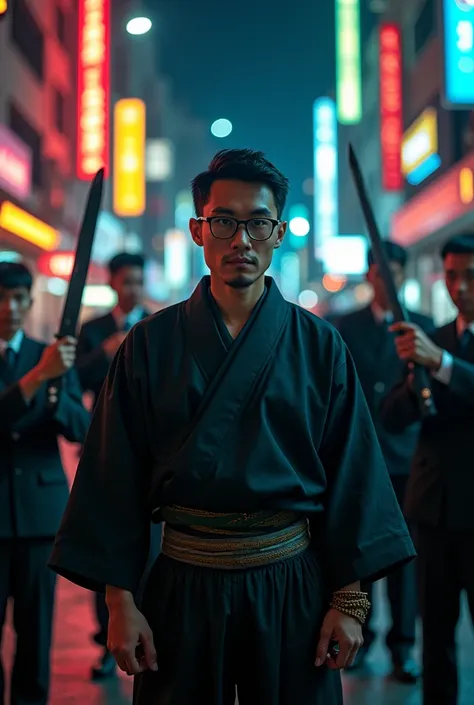  of a man with glasses from indonesia ,neat black haired ,wearing a kimono,posing smug , holding a blood-stained knife, behind him was a group of men in suits carrying cleavers,In the city ,night,Neon lights,bright,tall building , high quality photo ,48k,r...