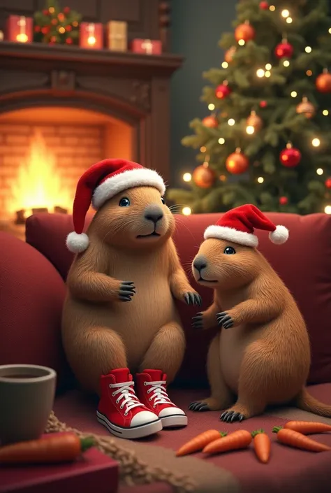  Capybara Relaxing with her red sneakers and a Santa Claus hat, lying on a comfortable couch ,  in a cozy room with a fireplace a colorful Christmas tree shining with presents, Drinking hot chocolate, With lots of carrots ,  With an adult capybara and anot...