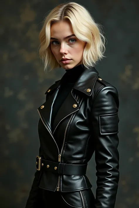 Blonde young with full leather clothes
