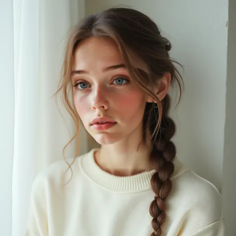 Photorealistic Portrait of a 20-year-old Slavic Girl gazing directly into the camera lens. Braid Hairstyle, Her closed mouth and tender expression convey innocence and sweetness. She wears a pastel soft cream textured-colored round-necked sweatshirt with s...