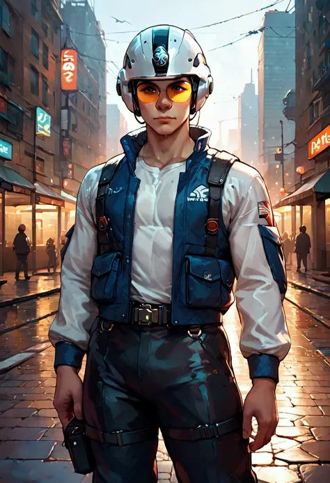 A young, light-skinned man, positioned slightly off-center to the left of the image, stands in a futuristic, urban setting.  He wears a light beige/tan, long-sleeved shirt and dark pants, along with a tactical vest and a helmet. His expression is neutral. ...