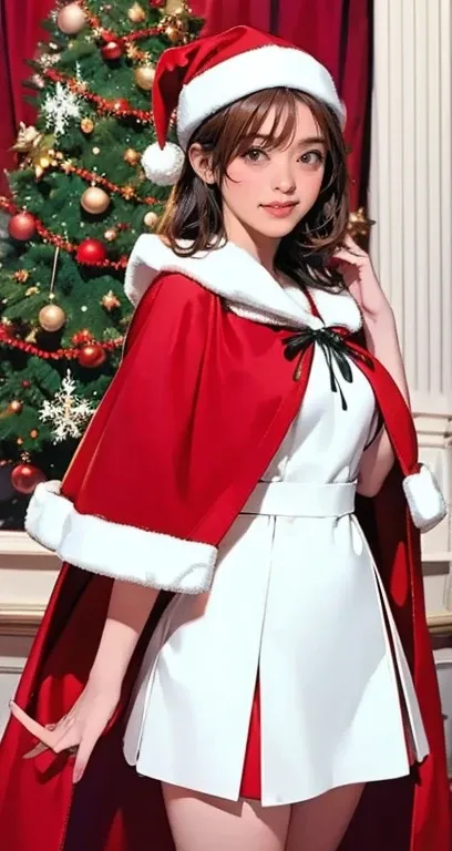  realistic pictures,  top quality, Festival Girl,  cheerful smile,  Red Velvet Cloak ,  White Fur Trim ,  Black Ribbon Bows , santa style costume, Holiday Themes , Playful pose,Chibi,  Sparkling Snowflake Decorations,  Vivid and Warm Atmosphere ,  Christma...