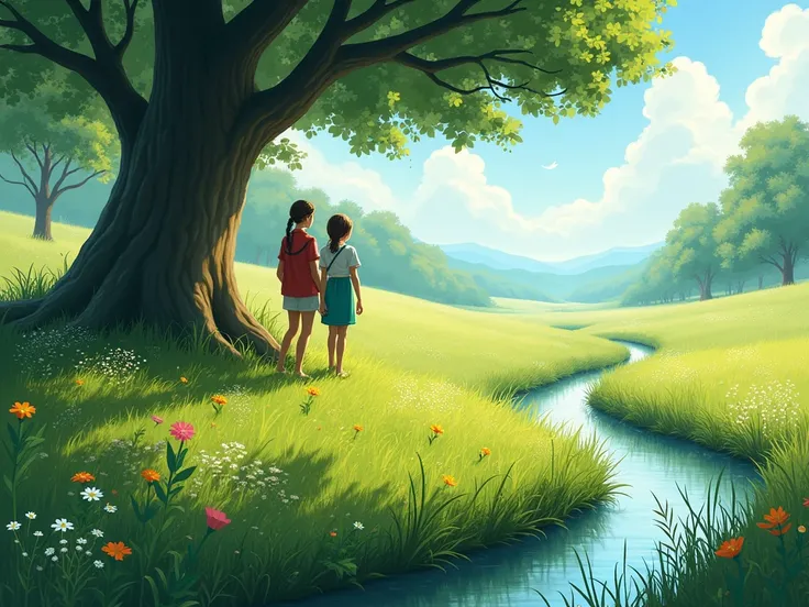 We stand on the grass, behind big tree and beside flower and grass. One side will small canel. 