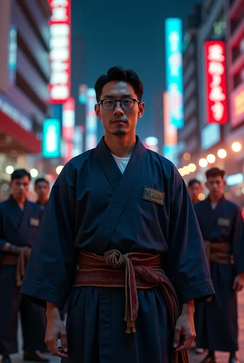  a man with glasses from indonesia,neat black haired ,wearing a kimono,posing smug , behind him was a group of men in suits carrying cleavers, Yakuza,In the city ,night,Neon lights,bright,tall building , high quality photo ,48k,realistic, visible detail ,V...