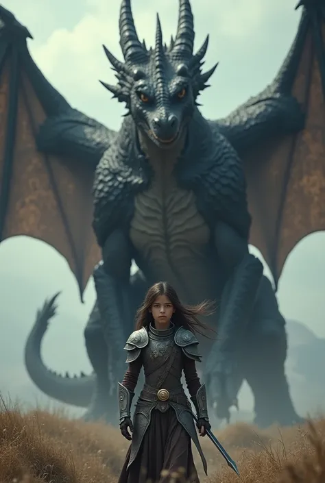 A girl with dark brown eyes, brown hair, silver armor, frowned, raised her sword and a big black scary dragon stood behind her with opened wings