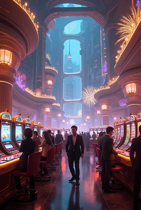 (best quality,4k,8k,highres,masterpiece:1.2),ultra-detailed,realistic,photorealistic:1.37,large gambling casino with neon lights, sci-fi , future casino, high-tech, richly decorated,shiny chandeliers,luxurious marble floors,expansive gambling tables with d...