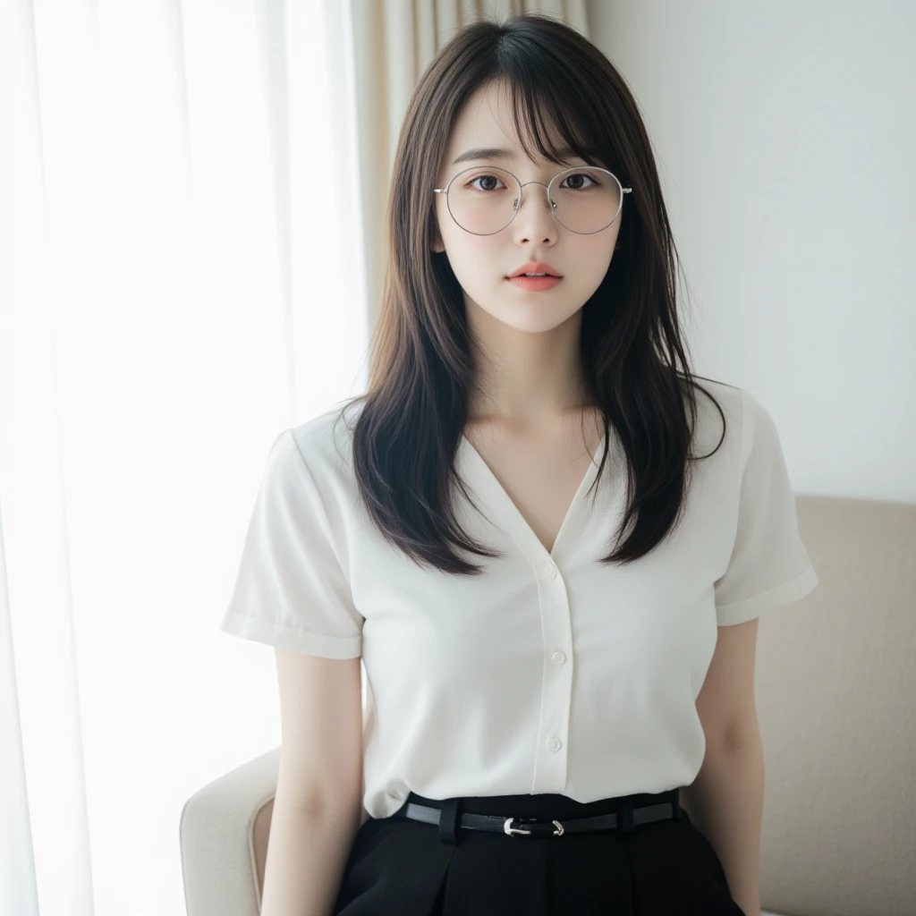 full-body shot, Candid photo of beautifully smooth, young Thai woman in 21 years old , with a good figure, she has pale skin , long straight black hair ,open forehead, and wearing round transparent glasses. Her outfit is wearing Thai university unifrom inc...