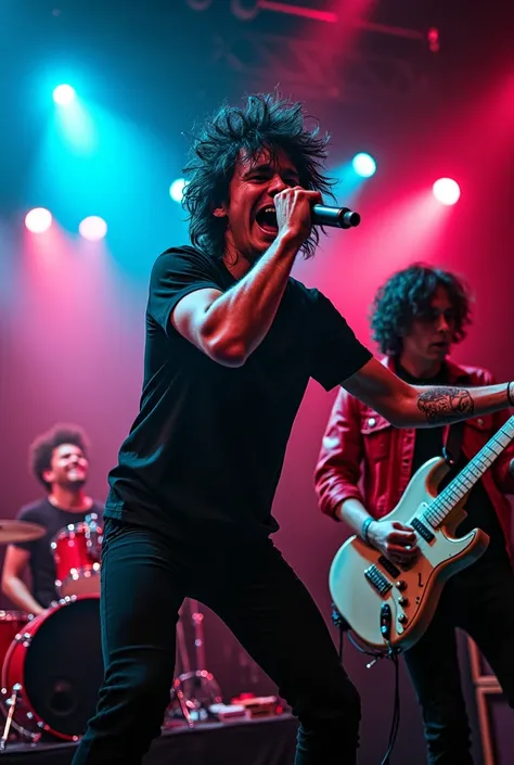 A dynamic, rebellious rock band performing on stage with high energy, reminiscent of Green Days punk rock style. The lead singer, with messy dark hair and wearing a black t-shirt, is passionately singing into a microphone. The guitarist, dressed in a red j...