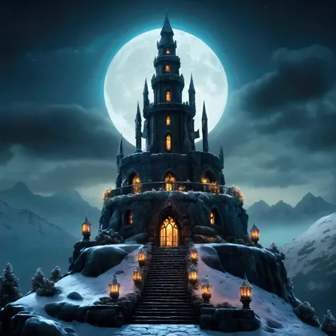 a dark gothic sorcerers tower on a moonlit mountain top, decorated with glowing opaline stone, christmas lights, wreaths, and snowfall, dark fantasy, cinematic lighting, moody atmosphere, highly detailed, 8k, photorealistic