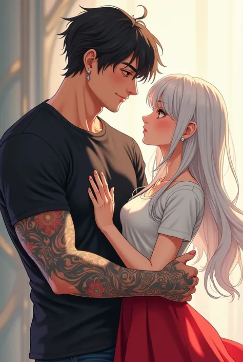  digital art manhwa . 
man (light skin,  square manly mandible ,  Ojos rojos,  black hair,  brushed backwards to the side ,  well-defined athletic body ,  with arms covered with tattoos , cross earring , wears a black t-shirt,  smiling softly looking ,  to...