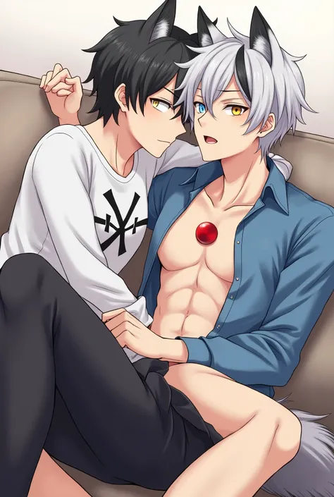    Create a cartoon of two 20-year-old male teenagers in the anime style   ,   Only the one on the right has the tails and ears of a wolf   ,   A rounded red stone between the chest  ,    wears a denim shirt and black leggings  , White hair with some black...