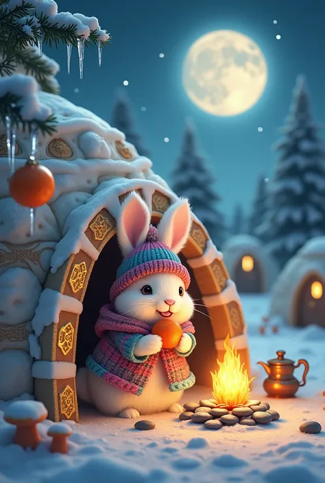 
“An enchanting winter night scene featuring a cute, fluffy, white rabbit sitting comfortably inside a snow-covered igloo. The rabbit is wearing a colorful knitted scarf, hat, and warm clothing, smiling joyfully while holding a bright orange tangerine. A s...