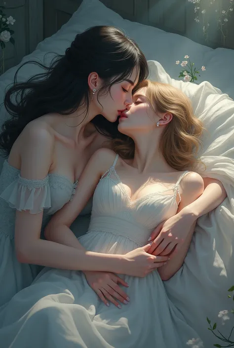 Woman kissing Unconscious woman wearing dress, cleavage, anime style 