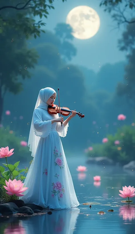  A young Korean woman in hijab , beautiful and graceful ,  seen from a distance is playing a violin at the edge of a pond filled with pink and white lotus flowers.  She wears a long princess bathtub dress ,  in white and bright light blue ,  with intricate...