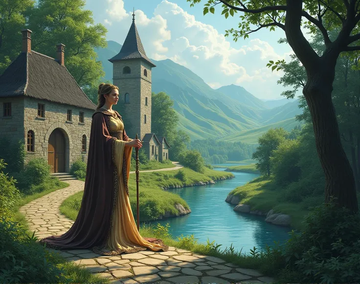  Desktop wallpaper. fantasy,  girl , magic, medieval outpost , the forest, hills, a river.
