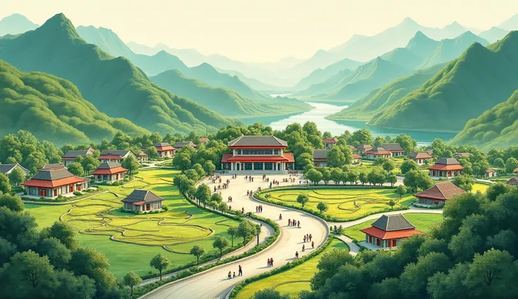 "A vibrant, picturesque rural village in Zhejiang Province, China, with green mountains and clear rivers in the background, symbolizing the concept of lucid waters and lush mountains are invaluable assets. The foreground shows a thriving community with vil...