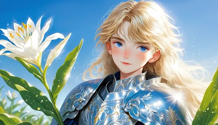 his hand has Lily Plant
.with golden hair shining like the morning sun, bright blue eyes as a clear sky. He has a sharp face full of determination and tenderness. In terms of dress, he wears a shiny steel armor that reflects the sun, covered with a dark bl...