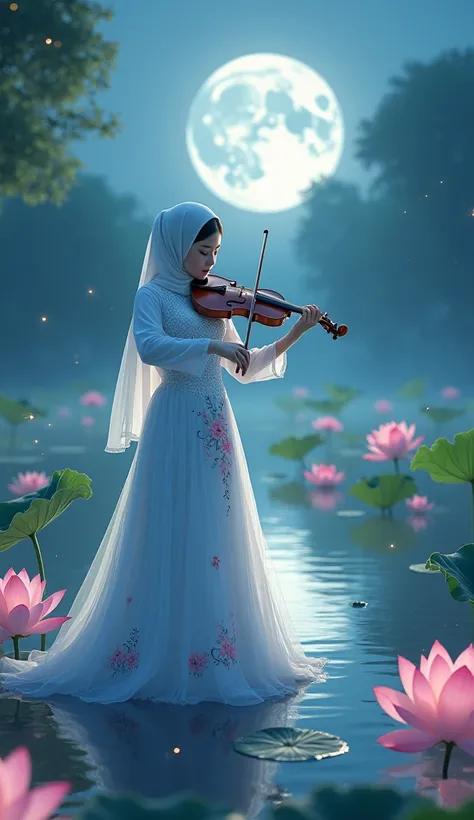  A young Korean woman in hijab , beautiful and graceful ,  seen from a distance is playing a violin at the edge of a pond filled with pink and white lotus flowers.  She wears a long princess bathtub dress ,  in white and bright light blue ,  with intricate...