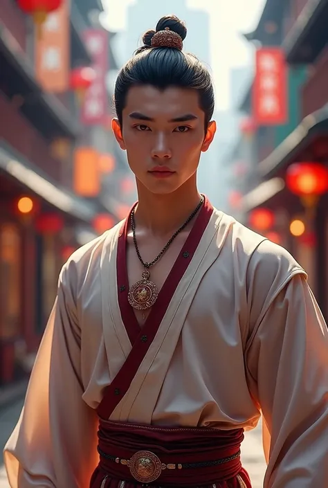 A handsome tall Hong Kong young man about 19 years old wearing a traditional costume wearing a necklace 