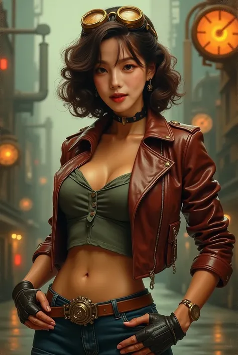 A captivating and sexy female protagonist in a dieselpunk setting, portrayed in a frontal pose with her body and gaze directly facing the viewer. She exudes confidence and charm, blending the aesthetics of a 1950s-1960s pin-up girl with gritty dieselpunk e...