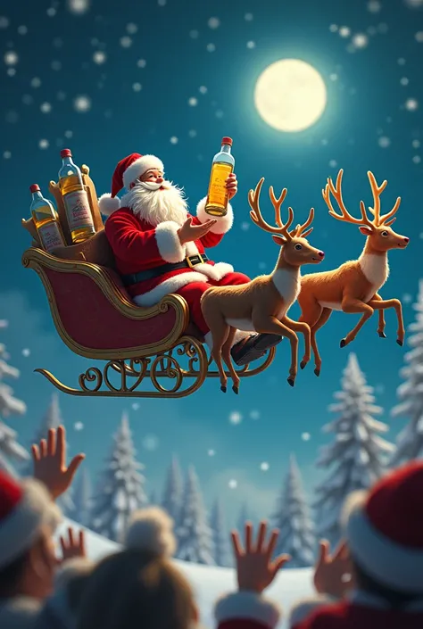 Santa Claus in his reindeer sleigh handing out cigar bottles