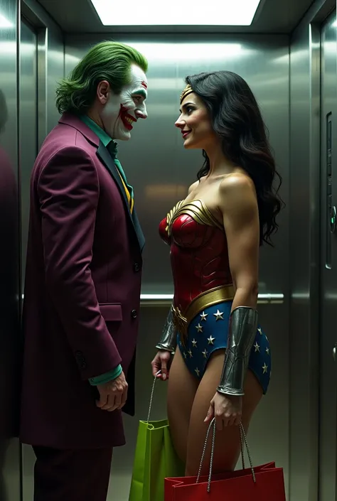 Joker is standing inside a lift and wonder woman come inside the lift ,shopping bags in hand.