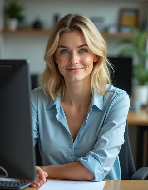 hyperealistic photo A full body shot of A beautiful blonde woman, wearing a casual business clothing. ultra-realistic photograph captured, high-resolution quality ,detailed face, 8k she is sitting at her desk, staring at her computer with a slight smile on...