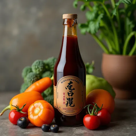 ((High quality Worcestershire sauce )), High quality Worcestershire sauce , top grade , top quality, mortar-like background ,Use organic vegetables and fruits from Japan as a background,No additives((No label required))