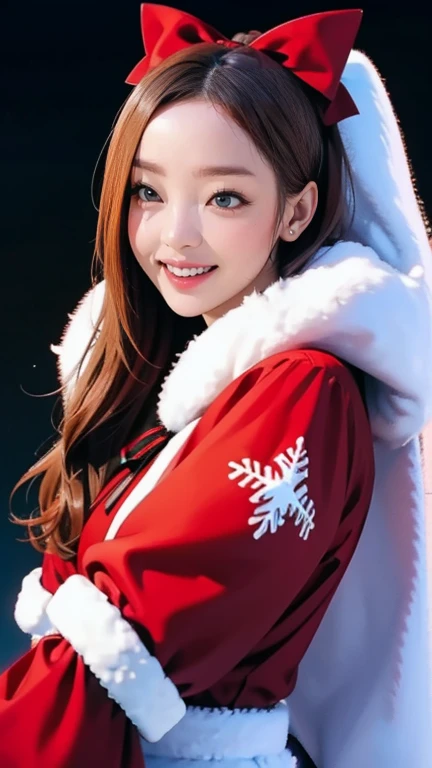  realistic pictures,  top quality, Festival Girl,  cheerful smile,  Red Velvet Cloak ,  White Fur Trim ,  Black Ribbon Bows , santa style costume, Holiday Themes , Playful pose,Chibi,  Sparkling Snowflake Decorations,  Vivid and Warm Atmosphere ,  Christma...