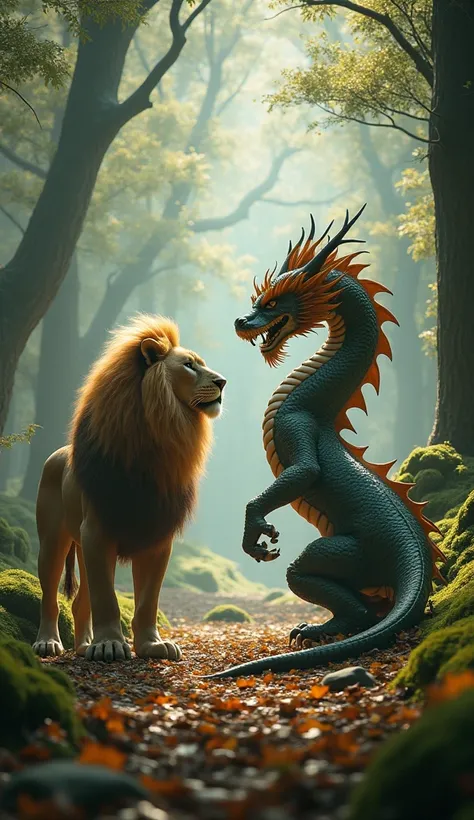 ((masterpiece,  top quality,  Highest image quality  ,  high resolution, Realistic,  original photo,  extremely detailed CG uniform 8K wallpaper)), forest，A lion and a Chinese dragon face to face