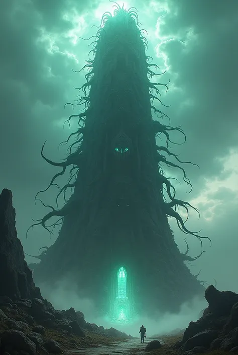 A tower of disastrous darkness stretching to the heavens, organic tendrils entwining like veins and glowing suspiciously, its monstrousness cannot be hidden even in bright sunlight,