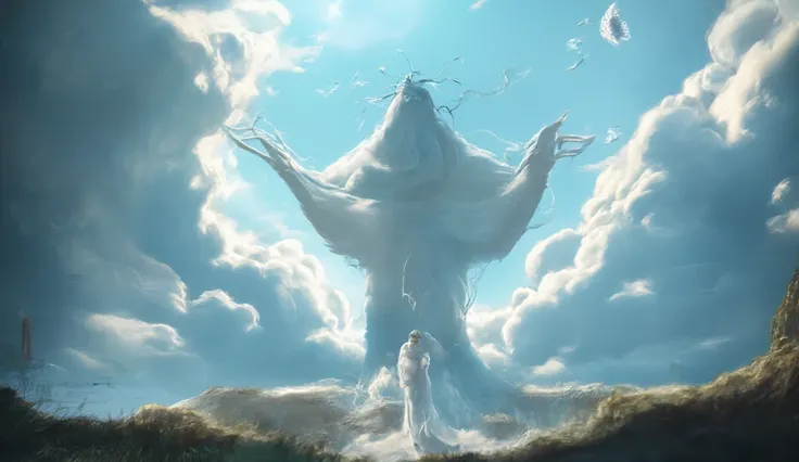 highest detail, 4k, absurdres, realisic clouds,
from below, wide shot,  (wormeye:1.5), highest detail, vivid flat colors, warm weather, clear blue sky
Depict a magnificent giant air elemental, emerging from the clouds. BREAK
7x times a tall as a human. Wit...